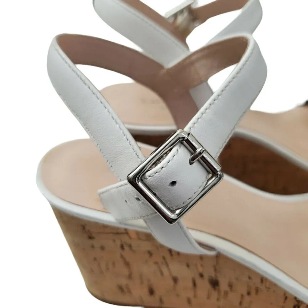 Kate Spade Tomas‎ Wedges Sandals 8.5 White Cork Platform Heel Leather Open-Toe